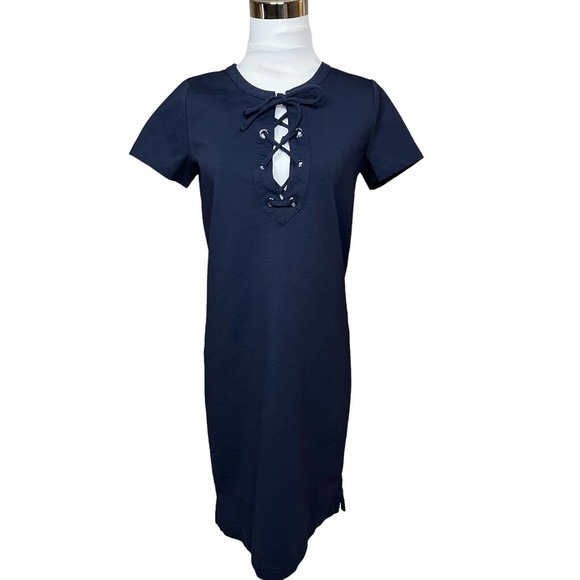 J Crew Dress Women’s Size XS Navy Blue Lace Up Front Short Sleeve Cotton Blend - Picture 1 of 8